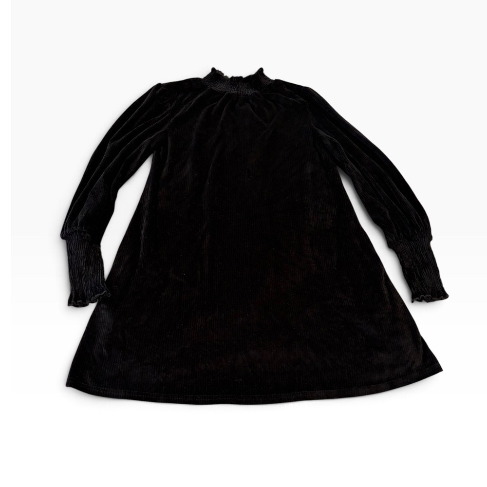 Loveriche Black Velvet Velour Smocked Mock Neck Mini Dress Long Sleeve medium